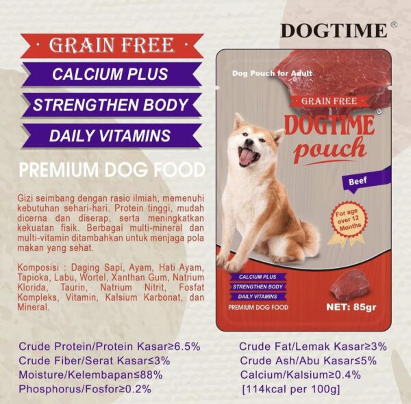 DOGTIME Pouch Grain Free Adult Dog Food 85g Beef - Gambar 2
