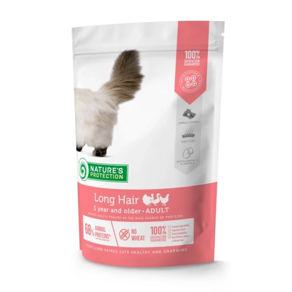 NATURES PROTECTION Long Haired Adult Poultry Dry Cat Food 400g
