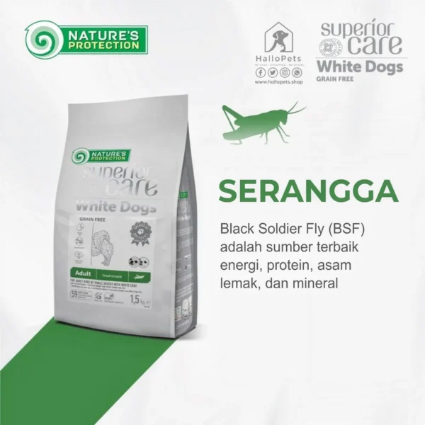 NATURES PROTECTION superior care dry grain free food for adult dog of small breeds with white coat, with insect 1,5Kg - Gambar 2